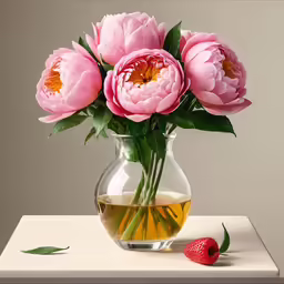 flowers are in a glass vase with a half eaten strawberry