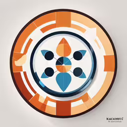 a orange and blue plate with a design in it,a clock with three petals on it sitting on the wall