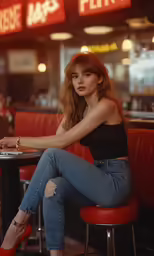 a pretty woman sitting at a restaurant table