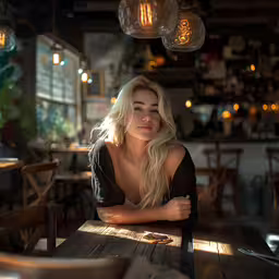 a woman with long hair sits at a table smiling,a young woman sitting at the table in a restaurant
