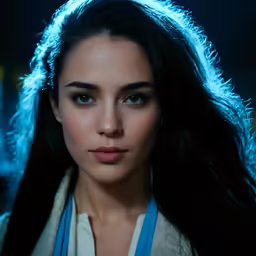 a close up of a person with a blue light on her face