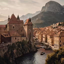the castle has red roofs and towers along with other buildings