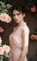 a woman standing in front of pink flowers