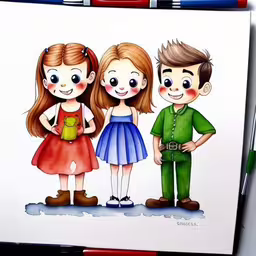 a drawing of two children and their parents,an ink drawing of three little kids,two children with a mug in each hand,a children