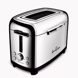 a white and black toaster sitting on top of a counter
