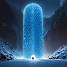 a man standing in the middle of a snowy area next to a tall building
