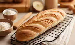 bread loaf with some white rice sitting on top