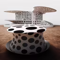 an artistic sculpture made of black dots and white bases