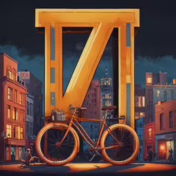 a bicycle sitting in front of a neon letter,a bicycle that has been painted into the shape of a letter with headlights and some lights on