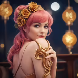 a woman with pink hair and a gold flower in her hair