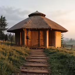 a small thatched building with a stone path through it