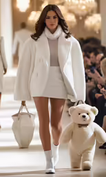 a woman walking down the runway holding a teddy bear