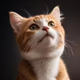 a cat looking upward on a black background