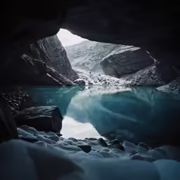 the mountain is covered in snow while water is surrounded by rocks and snow