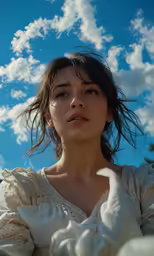 a woman posing for the camera in front of clouds