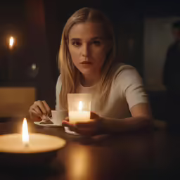 a girl drinking from a teacup with a lit candle in front of her