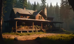 there is a house that is standing in the forest,a large wooden house with porch in front of some tall trees