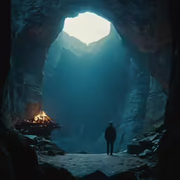 a man stands inside a cave next to a fire pit