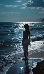 a woman in white stands on a shore of the ocean