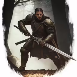 a man holding two swords in front of trees