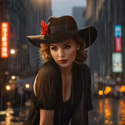 the lady with a hat is posing in the rain