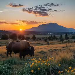 a bison in a field on a beautiful sunset