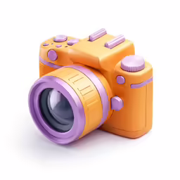 an orange camera with purple accents on the front