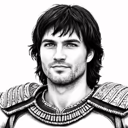 a black and white drawing of a man with long hair