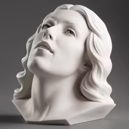 a white busturizer of a woman with her eyes shut and hair blown back