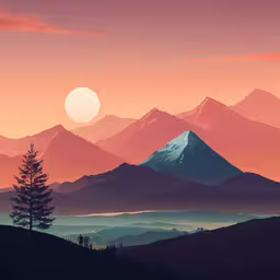a mountain scene with orange, yellow and purple colors,the sun is rising over the mountains and trees