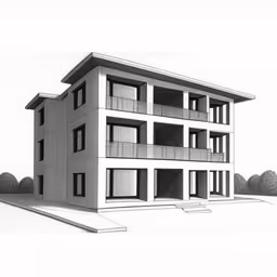 a drawing of an apartment building next to a tree,a pencil drawing of a building with balconies and windows
