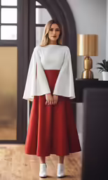 a woman standing in front of a door wearing a red dress