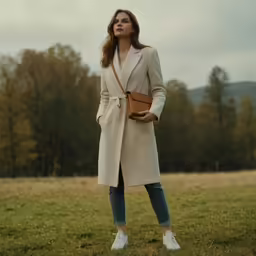 a woman is standing in a grassy field