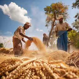 two men working in a field and scooping grain from the ground,some men work with a bunch of grain in a field