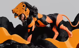 a person in a cat costume next to some rocks