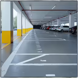 cars are lined up in an empty car garage