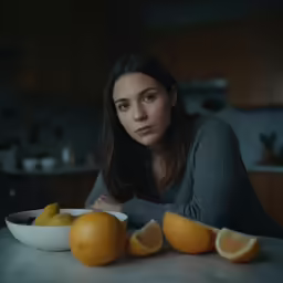 a woman is sitting near some oranges