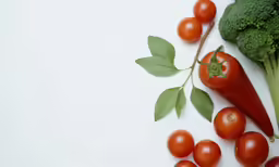 broccoli, tomatoes and leaves with one leaf still attached