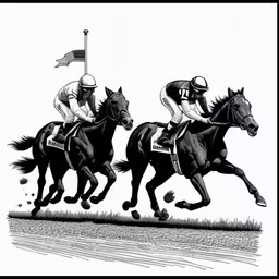 three race horses racing, one is white and the other is black and white,an ink drawing of horse racing and a jockey