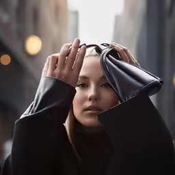 woman with closed eyes standing in an alley holding her hand on top of her head