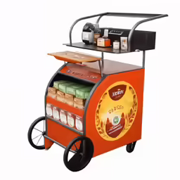 an orange cart that has food on the shelves