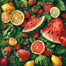 a large arrangement of fruit and vegetables that look like paintings