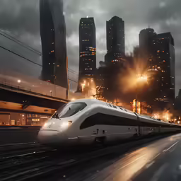 a white train traveling along tracks next to tall buildings