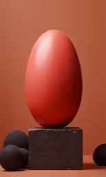 the large red egg is sitting on a black block