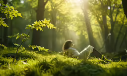 woman sitting down in the shade of trees