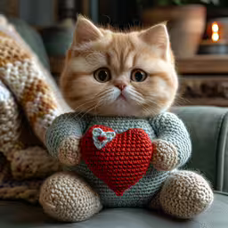 an orange cat holding onto a knitted stuffed bear,a cute little kitten sits on top of a blue sofa