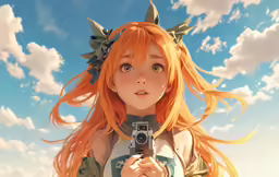 a young redheaded anime girl is taking a photo