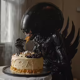 a cake with a helmet is in front of a window