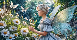 a lady with a blue dress and a flower in front of a forest