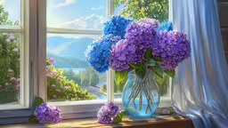 a painting of purple and blue flowers sitting on a windowsill,a painting of flowers in a vase on a window sill